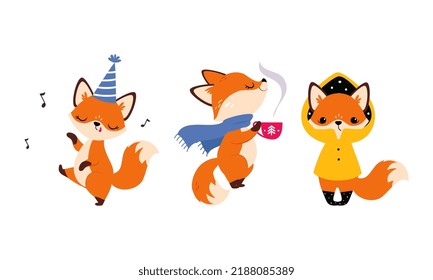 Cute Red Fox Drinking Hot Tea Warming and Singing Song Vector Set