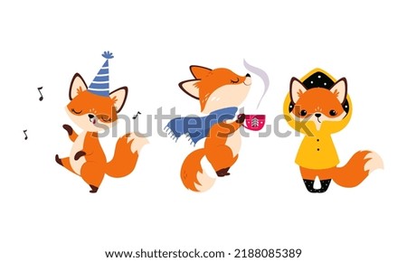 Cute Red Fox Drinking Hot Tea Warming and Singing Song Vector Set