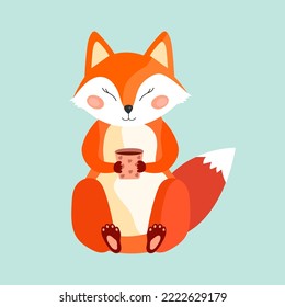 A cute red fox drinking tea. Vector illustration with fox in flat style. Character for a children's book, for web sites, printed products. Isolated blue background. Autumn theme. 