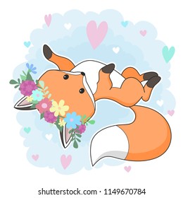 Cute red fox in a flower wreath.  Hand drawn cartoon  illustration. It can be used for baby t-shirt design, fashion print, cards, design element for children's clothes. Vector animal character
