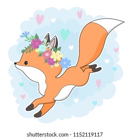 Cute red fox in a flower wreath.  Hand drawn cartoon  illustration. It can be used for baby t-shirt design, fashion print, cards, design element for children's clothes. Vector animal character