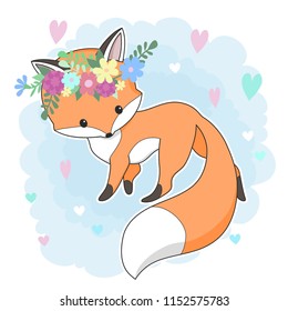 Cute red fox in a flower wreath.  Hand drawn cartoon  illustration. It can be used for baby t-shirt design, fashion print, cards, design element for children's clothes. Vector animal character
