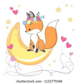 Cute red fox in a flower wreath with moon and stars can be used for baby t-shirt design, fashion print, cards, design element for children's clothes. Vector animal character