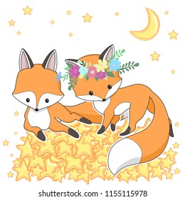 Cute red fox in a flower wreath with moon and stars can be used for baby t-shirt design, fashion print, cards, design element for children's clothes. Vector animal character