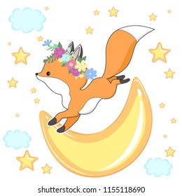 Cute red fox in a flower wreath with moon and stars can be used for baby t-shirt design, fashion print, cards, design element for children's clothes. Vector animal character