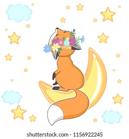 Cute red fox in a flower wreath with moon and stars can be used for baby t-shirt design, fashion print, cards, design element for children's clothes. Vector animal character