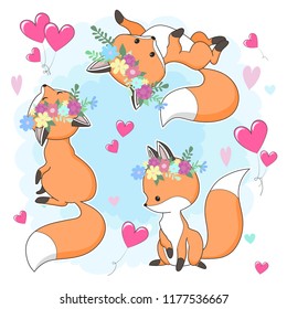 Cute red fox in a flower wreath vector collection.  Hand drawn cartoon  illustration. It can be used for baby t-shirt design, fashion print. Set of animal character