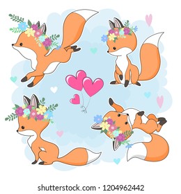 Cute red fox in a flower wreath vector collection.  Hand drawn cartoon  illustration. It can be used for baby t-shirt design, design element for children's clothes. Set of animal character