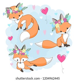 Cute red fox in a flower wreath vector collection.  Hand drawn cartoon  illustration. It can be used for baby t-shirt design, design element for children's clothes. Set of animal character