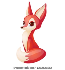 Cute red fox with fluffy tail and long ears isolated on white background. Vector cartoon close-up illustration.