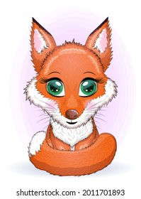 Cute red fox with a fluffy tail, children's theme.