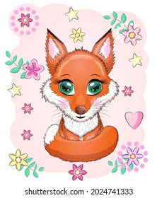 Cute red fox with a fluffy tail among flowers, children's theme.