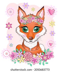 Cute red fox with a fluffy tail among flowers, children's theme.