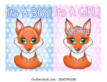Feiner roter Fuchs mit flauschigem Schwanz, Kinderduschkarte, Junge und Mädchen.