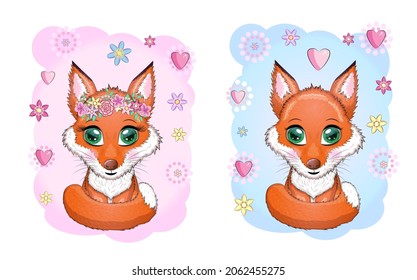 Cute red fox with fluffy tail, childrens shower card, boy and girl.