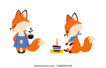 Cute Red Fox Holding Houseplant in Pot and Eating Birthday Cake Vector Set