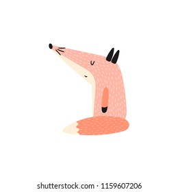 A cute red fox isolated on white background in cartoon style. Childish illustration in vector.