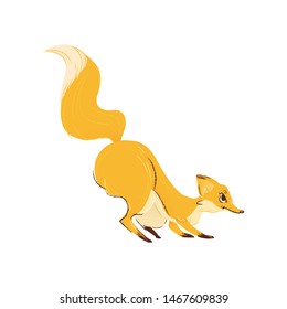 A cute red fox with a large red and orange lush tail jumped and landed. Forest wild animal fox jumping. Isolated hand drawn and cartoon vector illustration.
