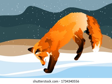 A cute red fox with a large red-orange puffy tail jumped up and landed. Forest wild beast jumping.