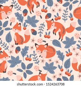 Cute Red Fox with Nature Elements Vector Seamless Pattern