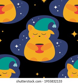 A cute red fox in a nightcap with a mug of tea sleeps sweetly against the background of the starry sky. Children's seamless pattern. Print for fabric, gift wrapping, wallpaper. Dark night background