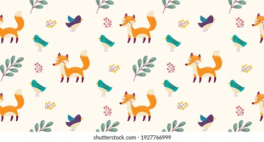 Cute red fox on light background with blue and green birds. Illustration with animals, forest berries, and green tries branches. Seamless vector pattern with animals in the children Scandi style.