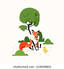 Cute red Fox playing with yellow Chick in forest. Isolated on white background. Vector animal character Illustration