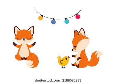 Cute Red Fox Playing with Yellow Chick and Meditating in Yoga Pose Vector Set