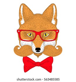 Cute red fox portrait, face with french mustache, bow tie, glasses. Anthropomorphic fashion animal illustration for t-shirt print, greeting card, invitation for gentleman party, tattoo design