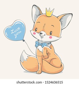 Cute red fox prince with a blue balloon vector illustration.