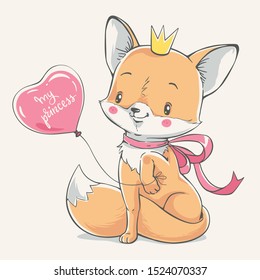 Cute red fox princess with a pink balloon vector illustration.