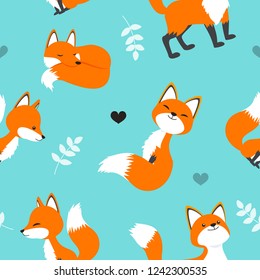 Cute red fox seamless pattern vector illustration. Cartoon fox on Turquoise color background.