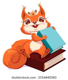 Cute red fox sit on big book and hold hardcover book. Vector cartoon illustration isolated on white