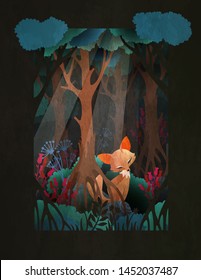 Cute red fox sitting in the forest fairytale illustration, greeting card or poster design