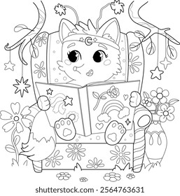 Cute red fox sitting and reading book. Little fox character coloring page.