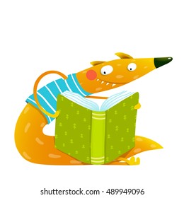 Cute red fox sitting and reading book. Wildlife brightly colored hand drawn watercolor style cartoon picture isolated on white background. Vector illustration.