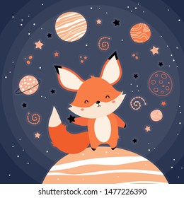 Cute red fox in space. The fox on the planet rides the stars. Stars, planets, constellations, comets. Vector illustration in a children's style. Print on postcard, poster, clothes.