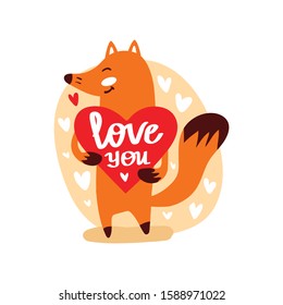 Cute red fox stands and holds heart with text love you. Vector flat illustration in scandinavian style.