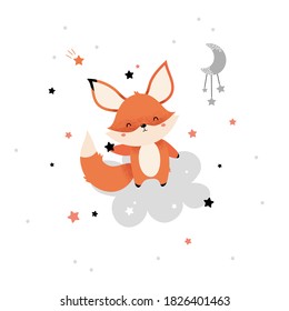 Cute red fox with a star. Children's vector illustration in the Scandinavian style. Printing on clothes, posters, cards, fabrics.