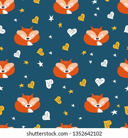 Cute red fox with star and heart seamless pattern. Baby graphic shower for kids t-shirt. Cartoon hand drawn animal for fabric textile print . Funny sleep animal on blue background.