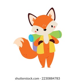 Cute Red Fox Traveler with Backpack Having Journey on Vacation Vector Illustration