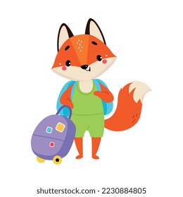Cute Red Fox Traveler with Suitcase and Backpack Having Journey on Vacation Vector Illustration