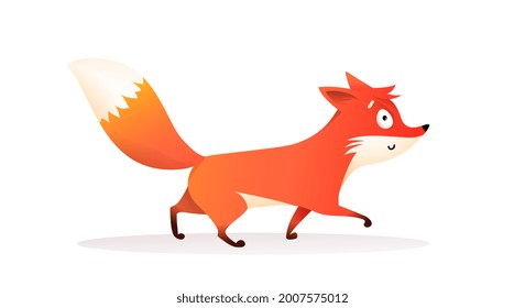 Cute roter Fuchs Laufen, lustiger Cartoon für Kinder eines wilden Fuchswackels mit buschigem Schwanz, Charakter in Bewegung. Vektordesign in Aquarellfarben für Kinder einzeln auf Weiß.