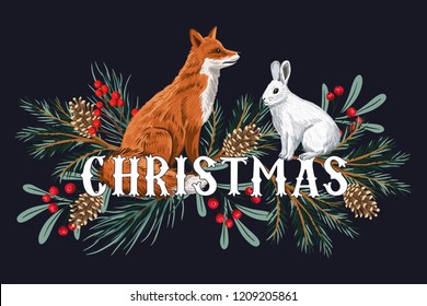 Cute red fox, white rabbit, pine branch, cone floral winter composition.Woodland animal Christmas illustration.