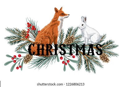 Cute red fox, white rabbit, pine branch, cone floral Christmas  composition.Woodland animal winter illustration.