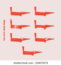 Cute red foxes in doodle design. Set of animals.