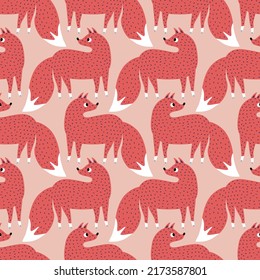 Cute red foxes hand drawn vector illustration. Funny forest animal in flat style seamless pattern for kids fabric or wallpaper.