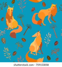 Cute red foxes seamless pattern. Autumn forest decoration.