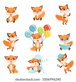 Cute red foxes showing various emotions and actions. Laughing, sitting, walking, dancing, sleeping, reading, angry, holding colorful balloons. Flat vector design