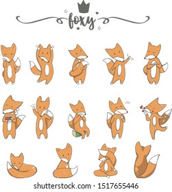 Cute red foxes showing various emotions and actions. Laughing, sitting, walking, dancing, sleeping, reading, angry, holding colorful balloons. Flat vector design